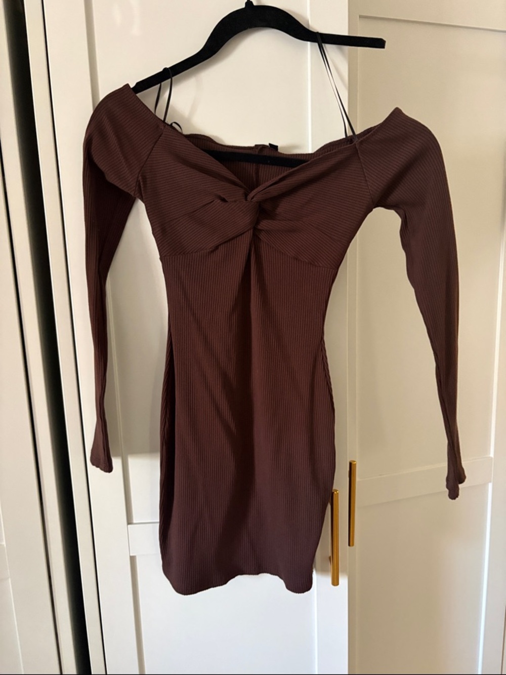 Windsor Off-Shoulder Twist Front Long Sleeve Dress in Brown